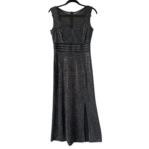 Alexa B Nites Black Sequin Sheer Top Front Slit Long Evening Dress Stunning 8P - Picture 1 of 9